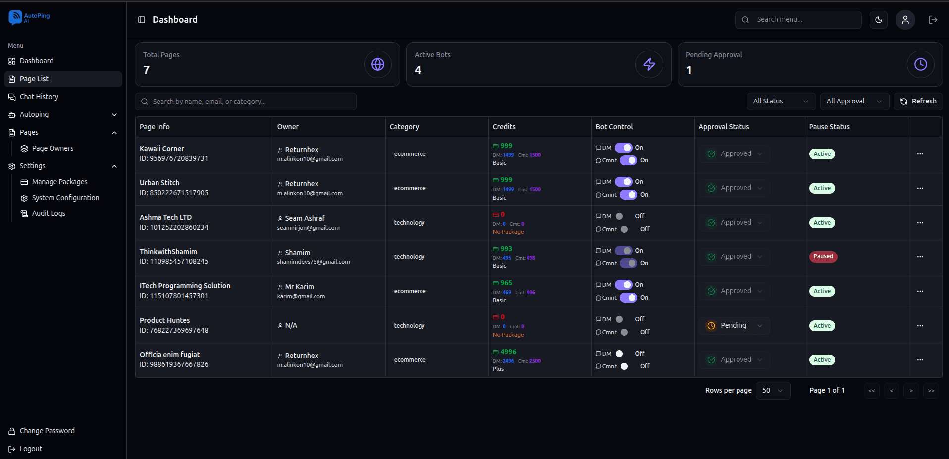 AutoPing AI page list preview