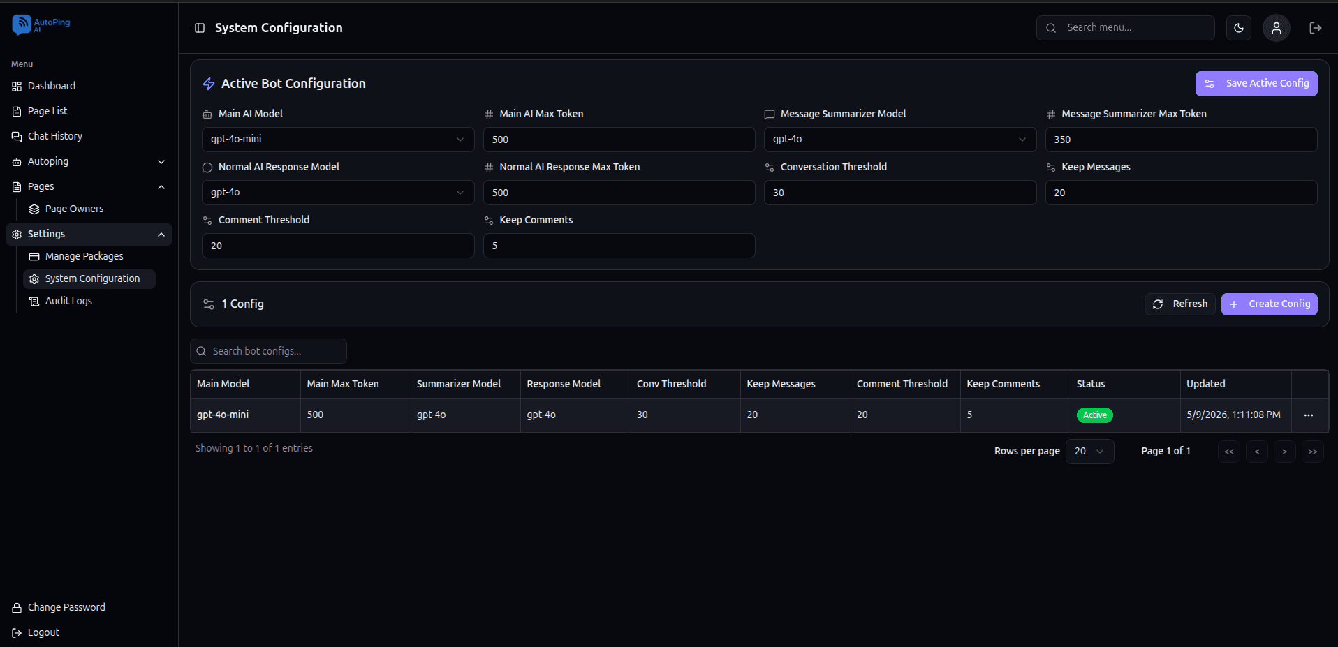 AutoPing AI system configuration preview