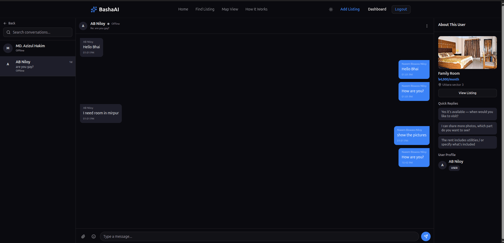 BashaAi real-time listing chatting preview