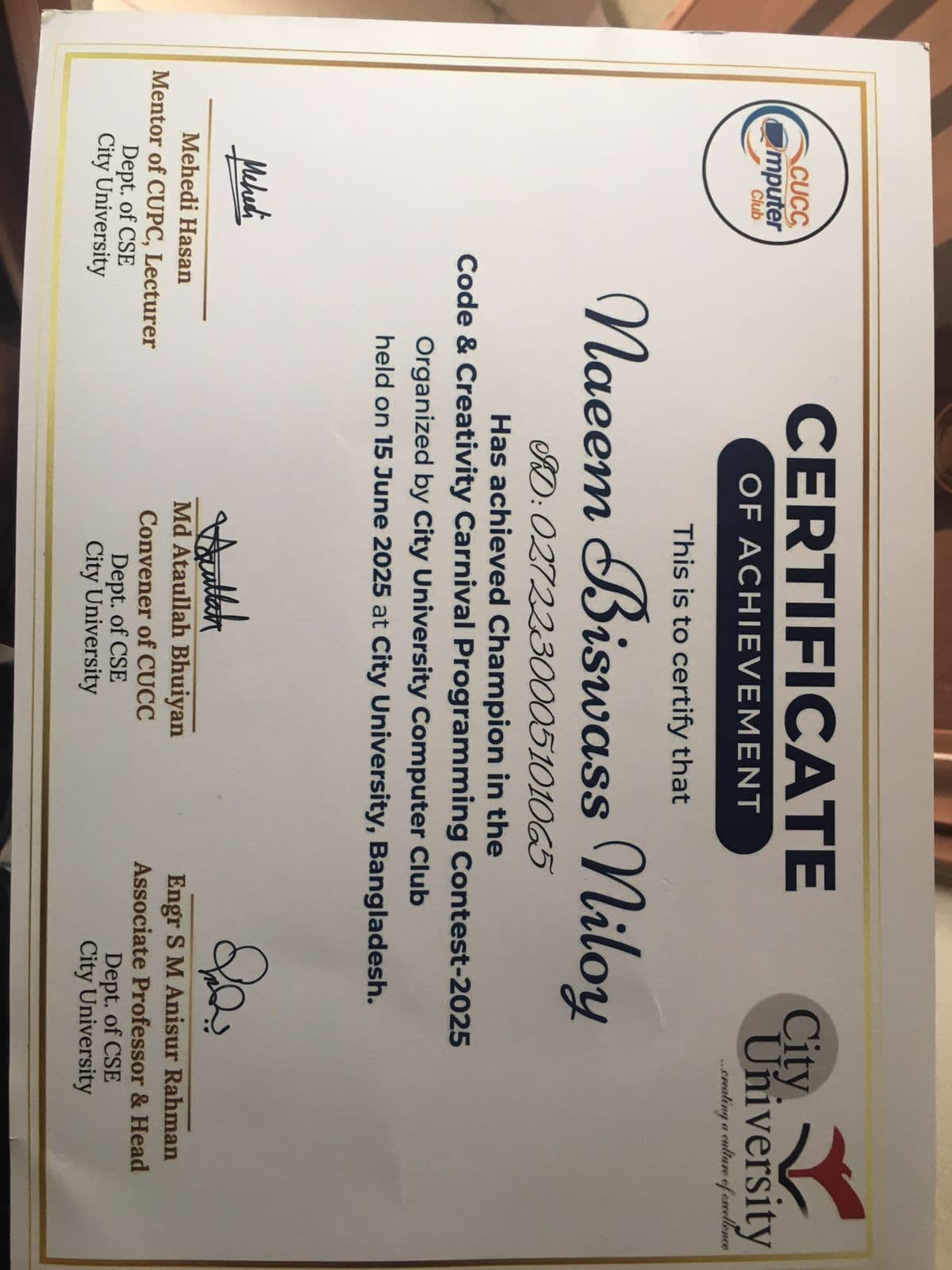 Code and Creativity Carnival Programming Contest 2025 winner certificate from City University CSE Department