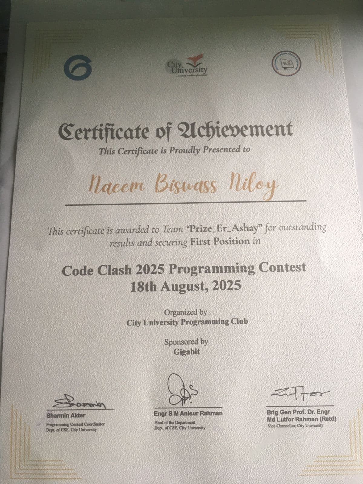 Code Clash 2025 winner certificate from City University CSE Department