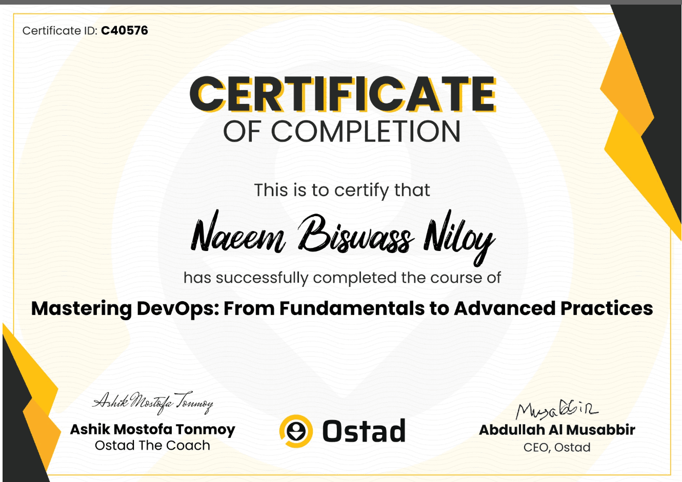 Mastering DevOps course completion certificate from Ostad