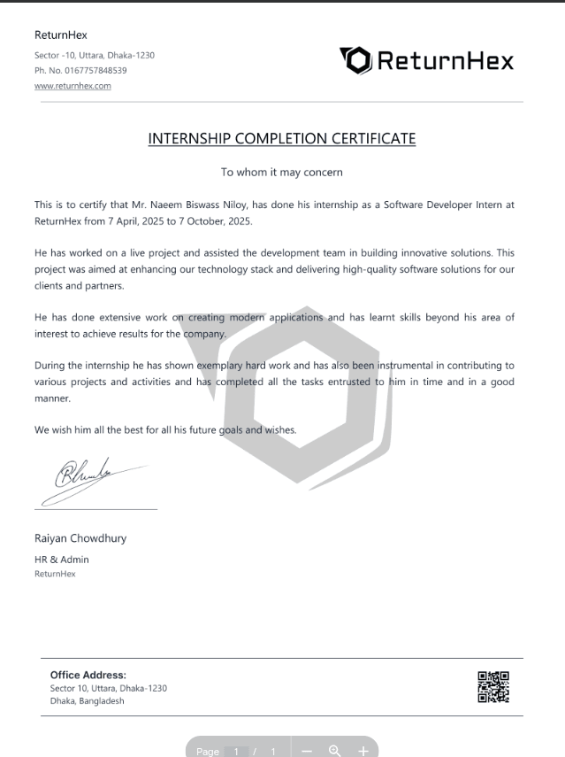 Software Developer Intern completion certificate from ReturnHex